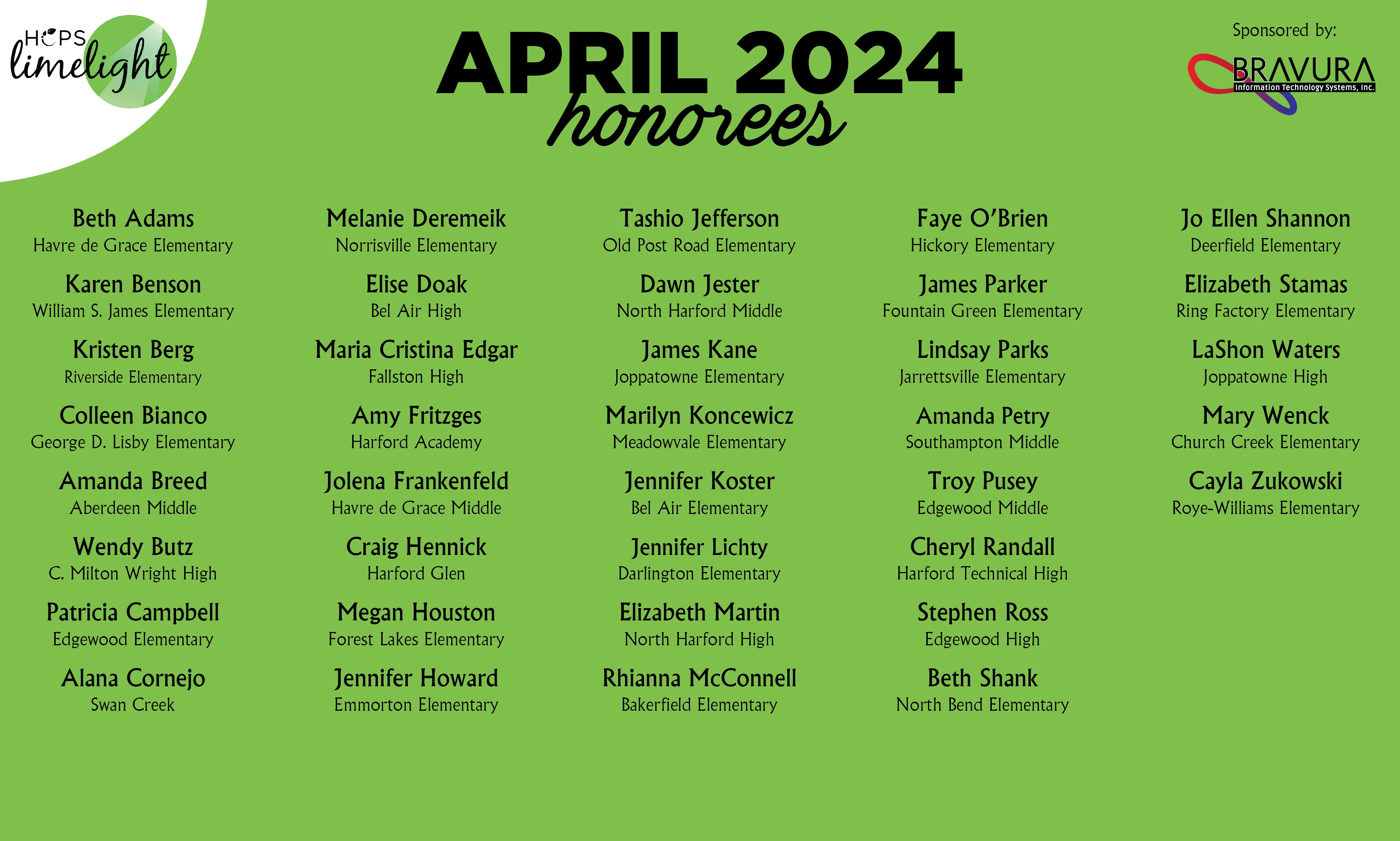 HCPS Limelight Honorees - April 2024