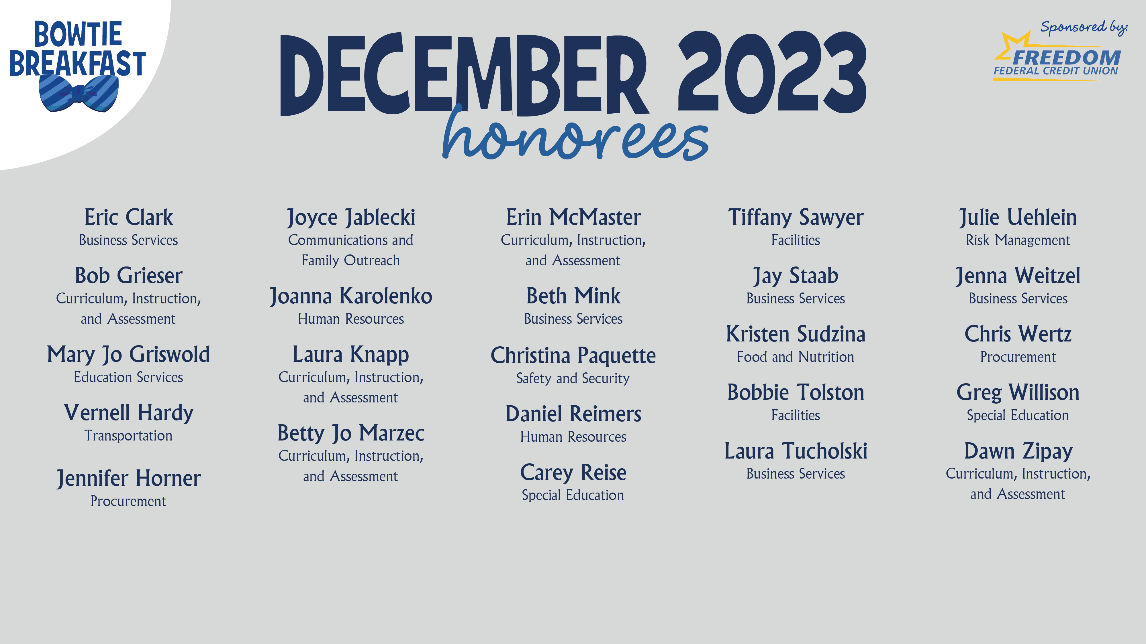 HCPS Bowtie Breakfast Honorees - December 2023