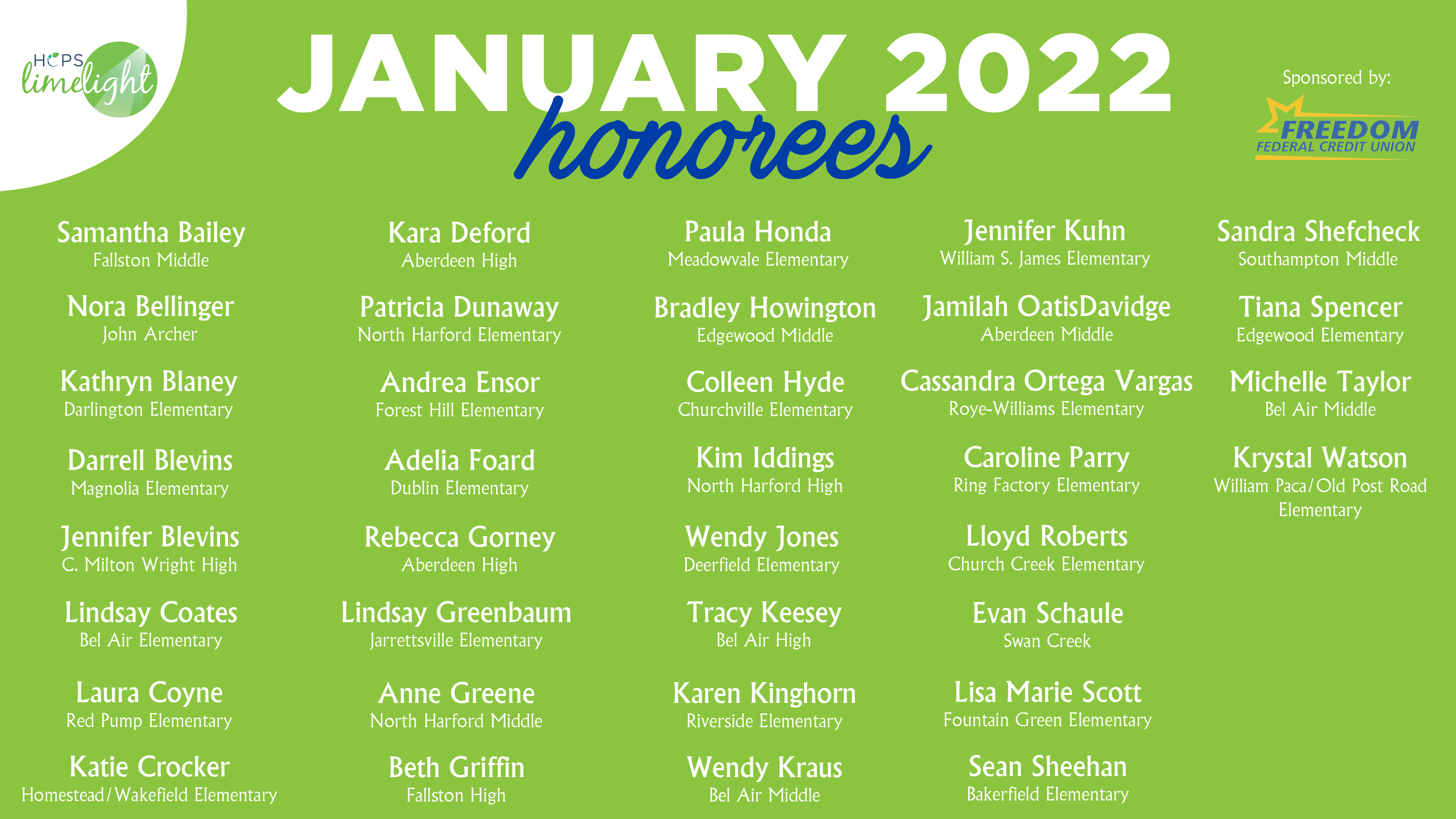 HCPS Limelight Honorees - Jan 2022