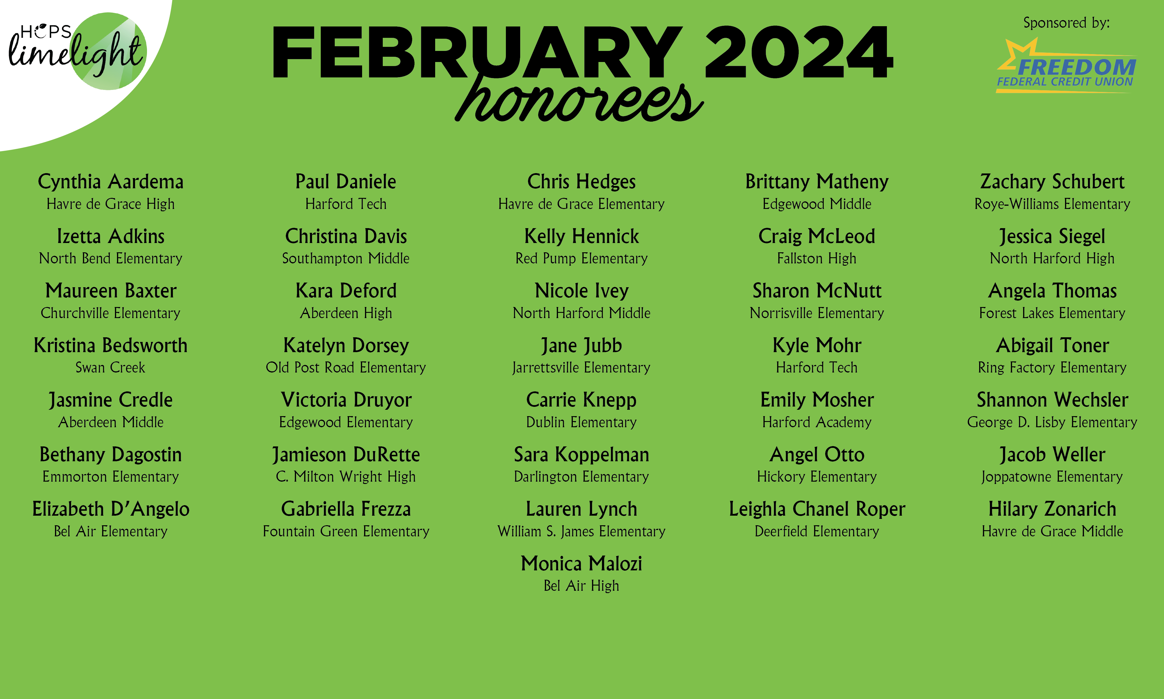 HCPS Limelight Honorees - February 2024