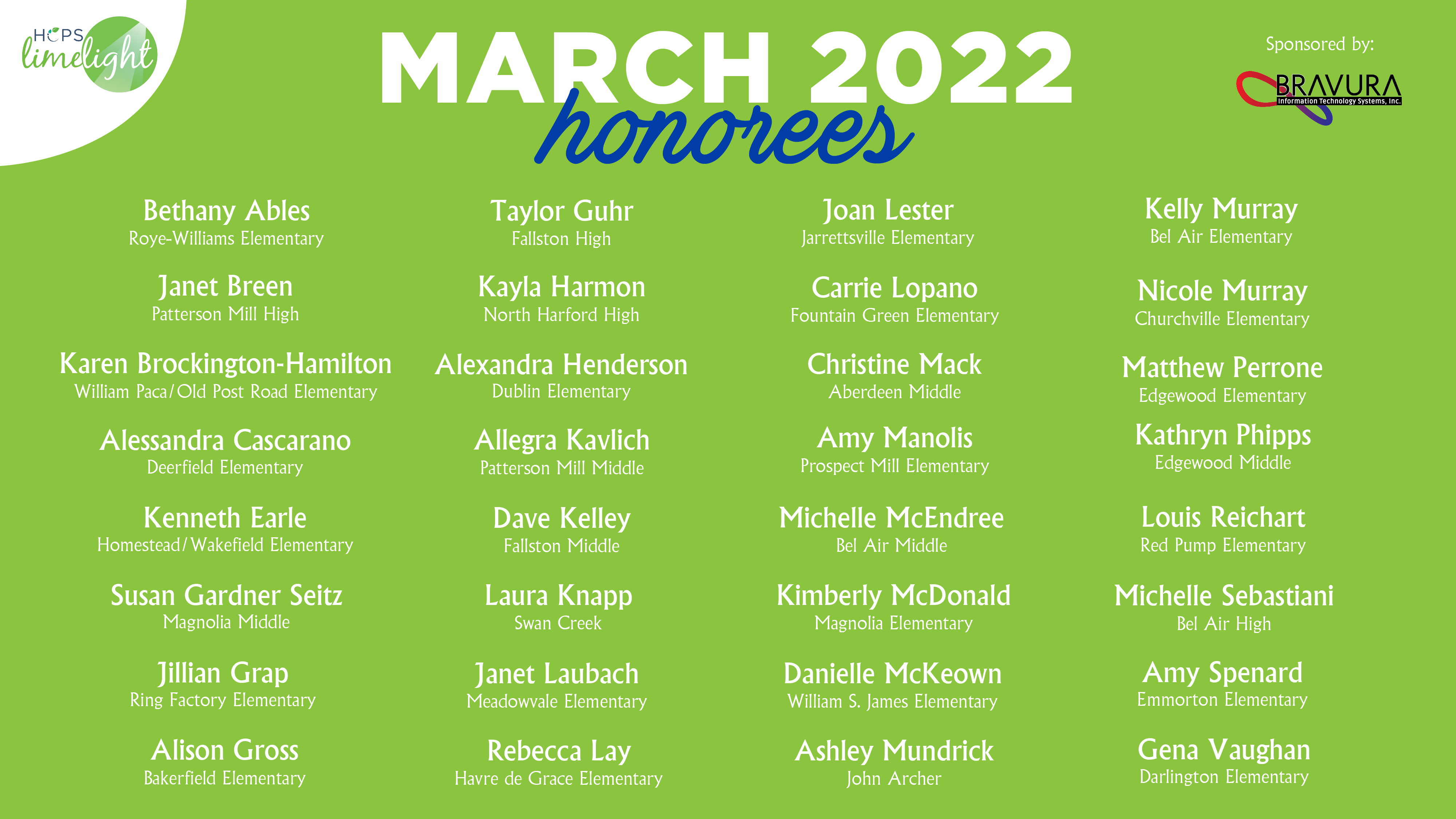 HCPS Limelight Honorees - Mar 2022