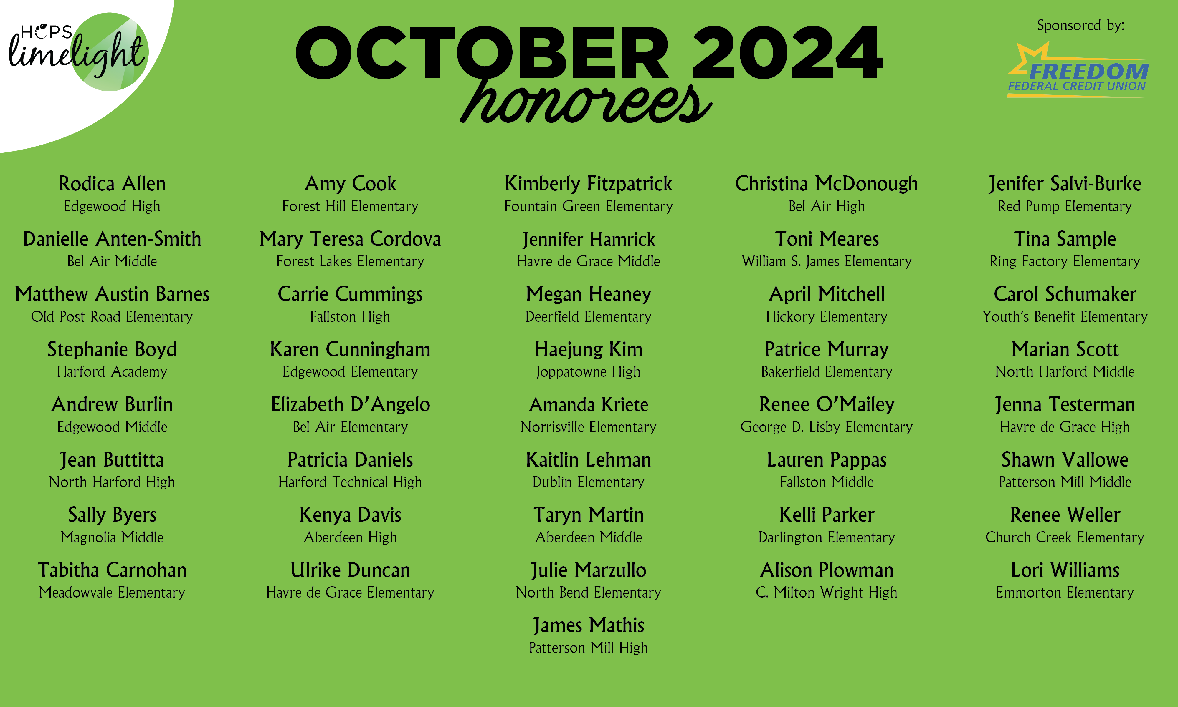 HCPS Limelight Honorees - October 2024