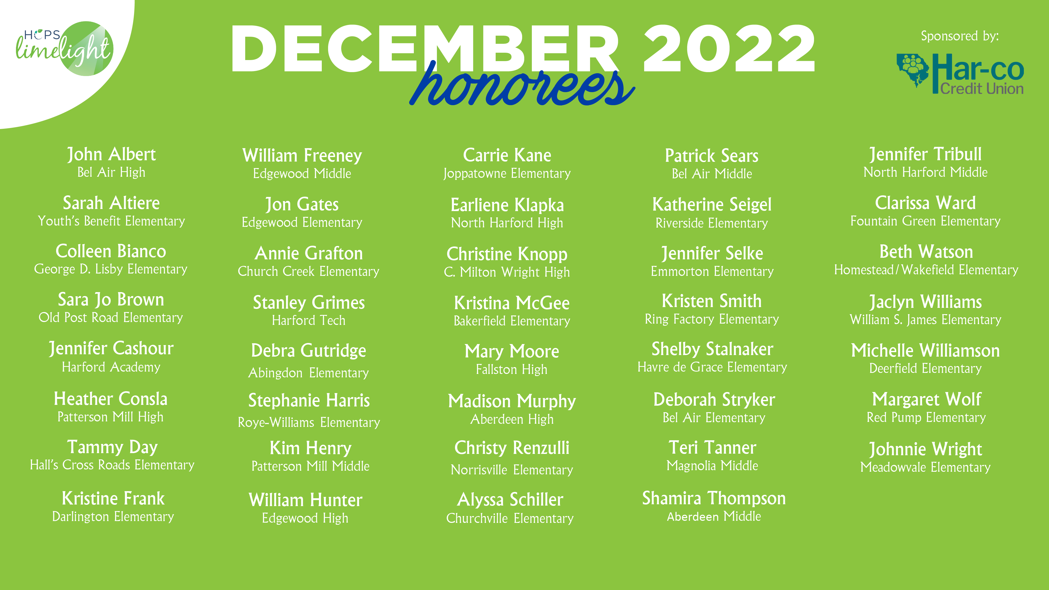 HCPS Limelight Honorees - December 2022