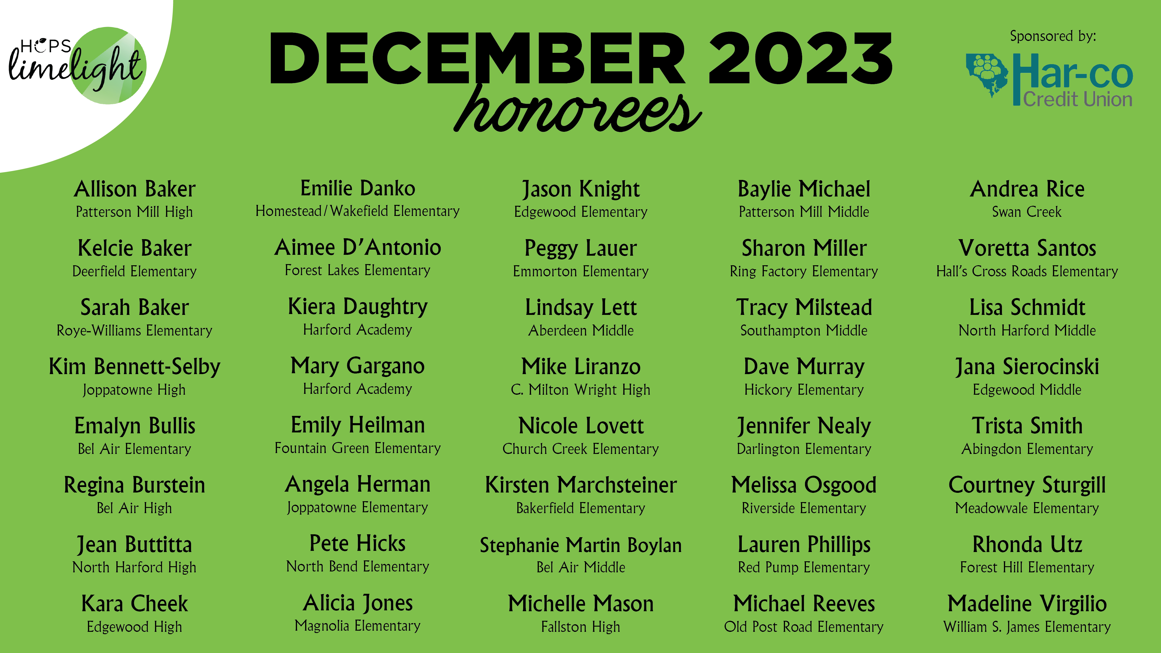 HCPS Limelight Honorees - December 2023