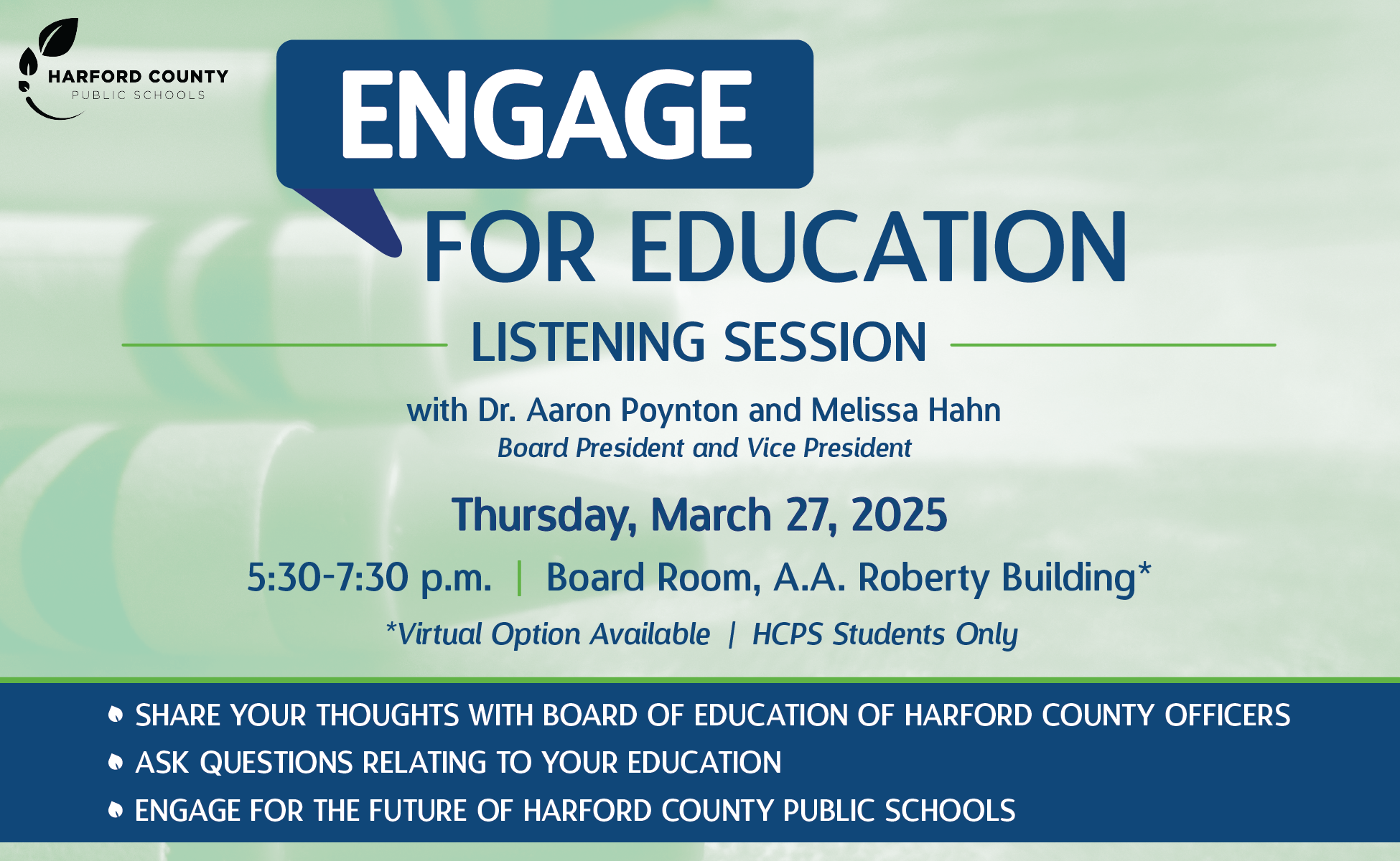 Engage for Education listening sessions with Dr. Aaron Poynton and Melissa Hahn